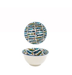 Savor snacks in this charming bowl featuring vibrant, colorful sardine illustrations.