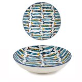 A generous sized pasta bowl in a colourful sardine pattern