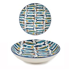 Spacious pasta bowl featuring a vibrant sardine-inspired design.