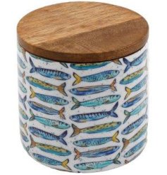 Add a touch of vintage charm to your kitchen with this 10cm Sardine Enamel Jar