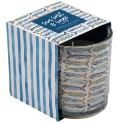 Light up your room with coastal vibes using this sardines-themed boxed candle.