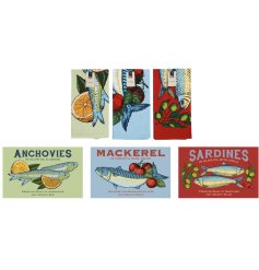 Bring coastal style to your kitchen with our set of Tinned Fish Tea Towels.