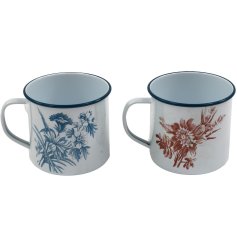Brocante enamel mug featuring a white base adorned with delicate blue floral designs.