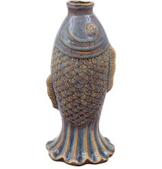 Sleek blue ceramic fish-shaped vase with a glossy finish.