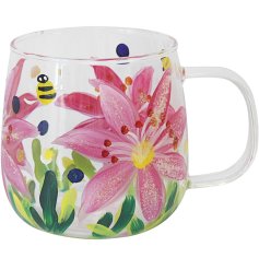 Elegant glass mug featuring a beautiful Lillie motif.