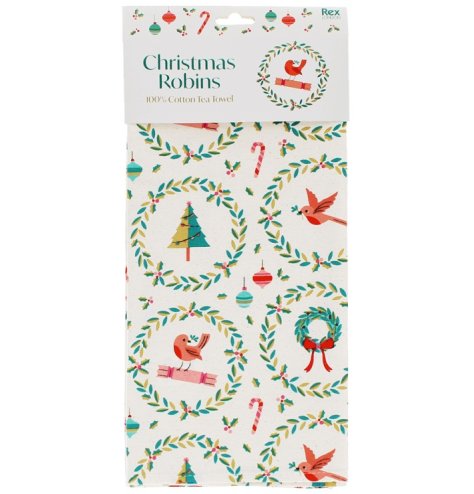 Festive tea towel featuring vibrant, classic Christmas designs by the renowned REX International.