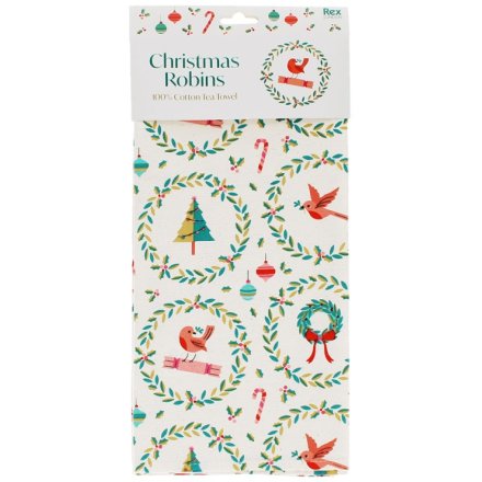 Festive tea towel featuring vibrant, classic Christmas designs by the renowned REX International.
