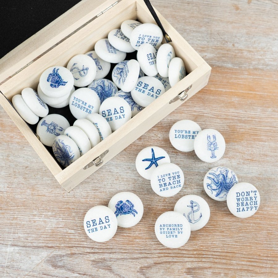 Set of 40 white marble coasters brings timeless coastal elegance to your home.