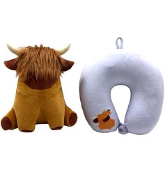 Experience comfort on the go with this versatile 2-in-1 Highland coo pillow set.