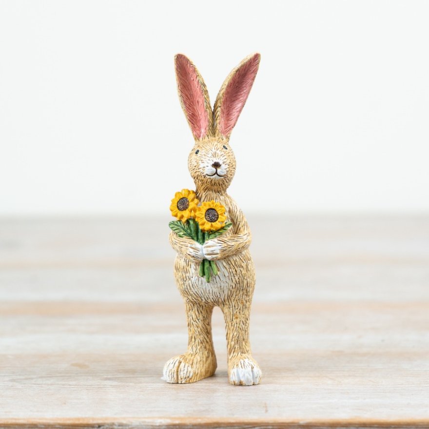 Jasper Rabbit Statue Featuring Sunflower, 14cm