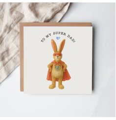 Honor your dad with the adorable Super Dad Jasper Rabbit greeting card.