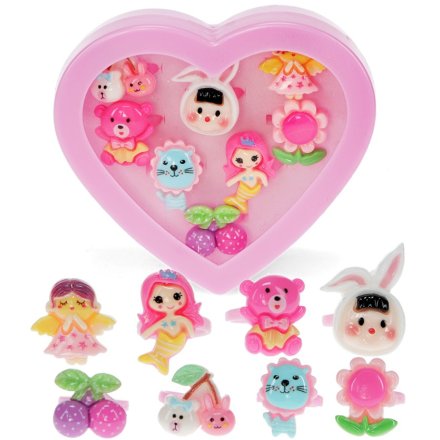Adorable set of 8 rings in a charming heart-shaped box.