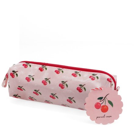 Pencil case featuring a vibrant red cherry pattern.