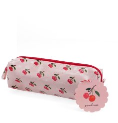 Pencil case featuring a vibrant red cherry pattern.