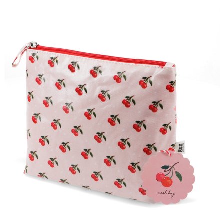 Trendy wash bag featuring a vibrant cherry pattern
