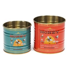 Keep your treats fresh and stylish with this set of 2 honey-themed mini storage tins