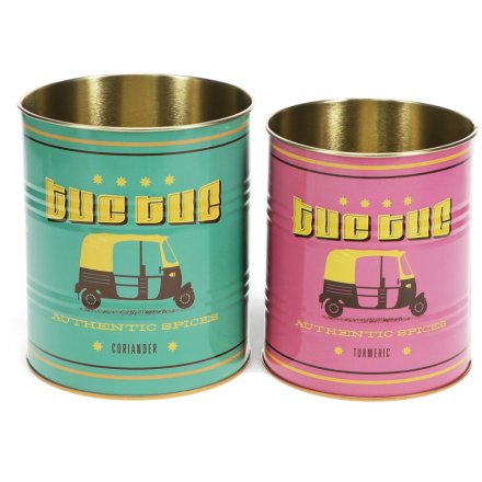 Set of two vibrant metal storage tins, each featuring a playful tuc tuc design.