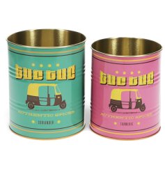 Set of two vibrant metal storage tins, each featuring a playful tuc tuc design.
