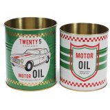 A rustic set of two storage tins each illustrated with a Motor Oil design