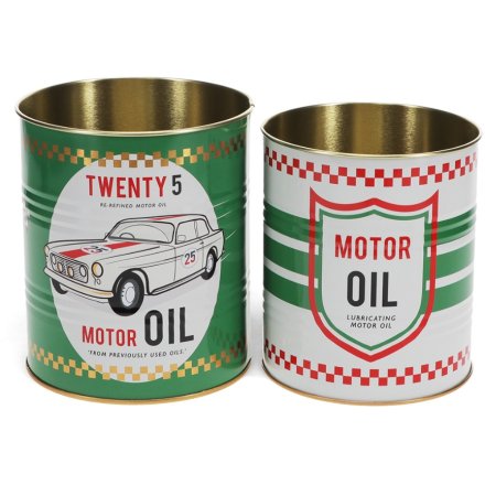 Set of 2 rustic storage tins featuring vintage Motor Oil artwork.