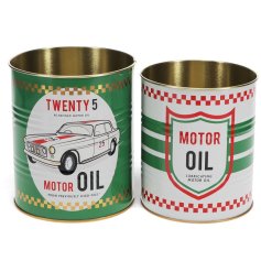 Set of 2 rustic storage tins featuring vintage Motor Oil artwork.