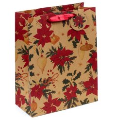 A charming gift bag featuring a traditional festive print.