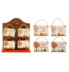 Add a touch of cosy autumnal charm with this elegant wooden hanging decoration