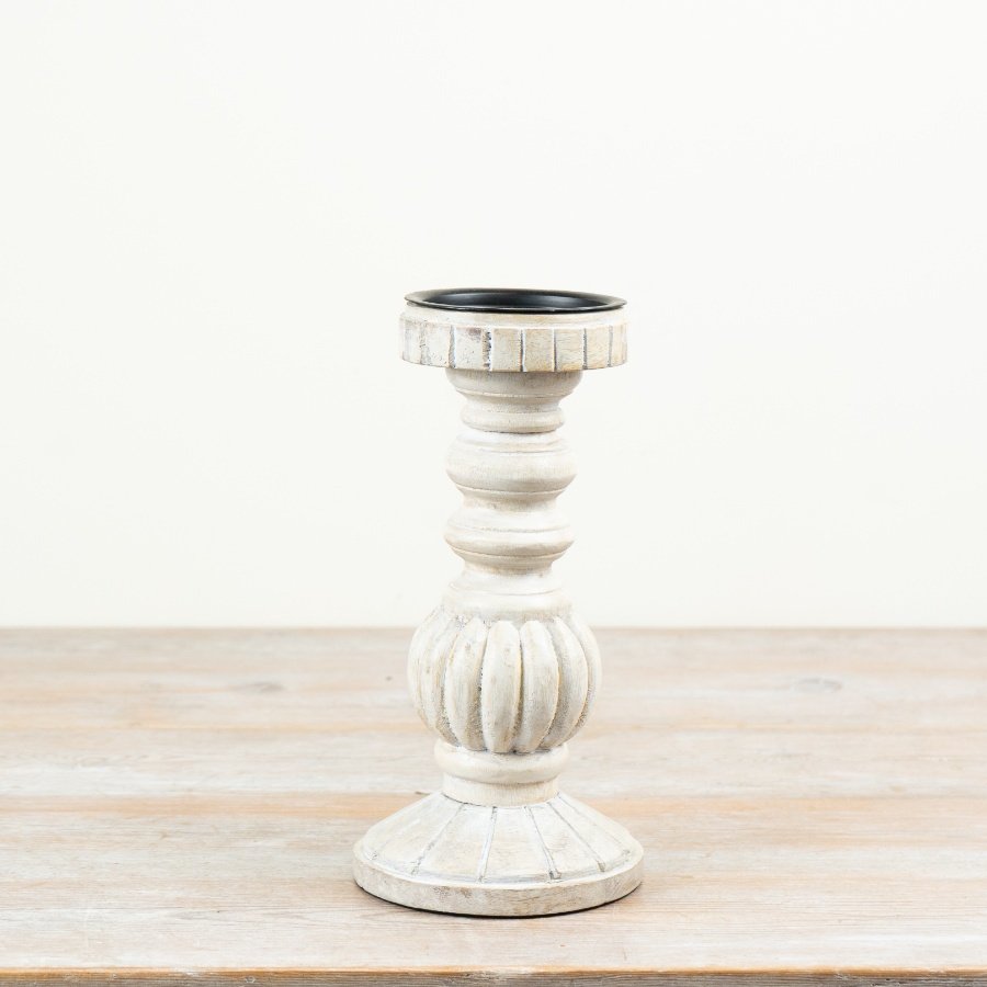 Chic, durable candle holder featuring a white-washed lime effect for a stylish touch.