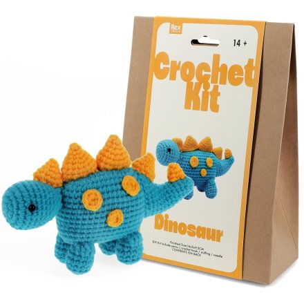Create your own charming blue dinosaur with this all-in-one crochet kit