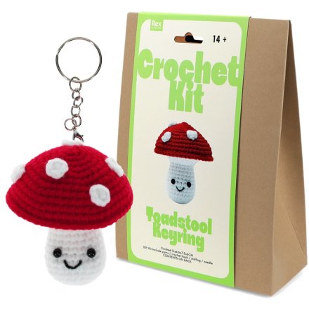 Craft your own adorable mushroom keyring with our Crochet Keyring Kit 