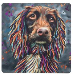 Vibrant coaster featuring a playful cocker spaniel design.