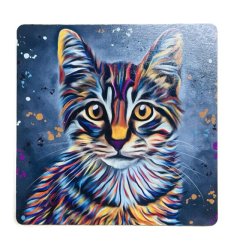 Vibrant tabby cat-themed coaster with a splash of color.
