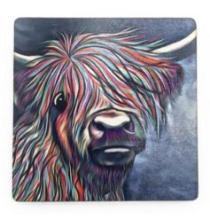 Adorable colorful coaster featuring a charming highland cow design.