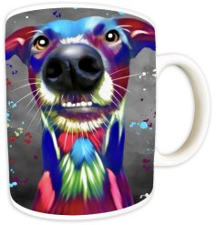 a charming multi coloured dog themed coffee mug
