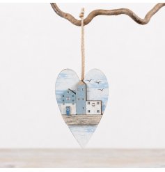 Two assorted heart-shaped wooden danglers in neutral and blue, each suspended by jute twine