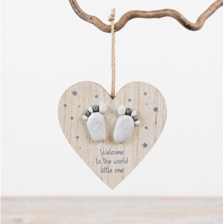 Welcome Baby Wooden Heart Decoration with Pebble Footprints, 13cm