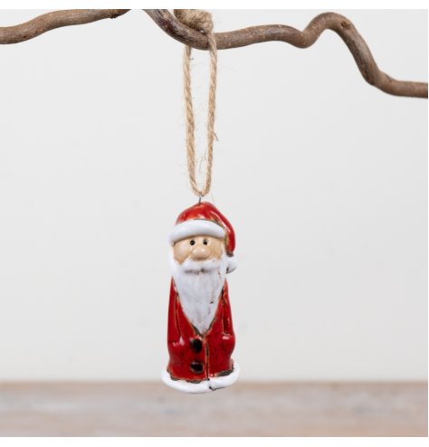 8cm ceramic Santa hanger with classic red coat and timeless festive design.