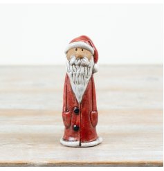 This 15cm ceramic Santa ornament features a classic red coat