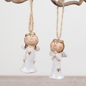 8cm ceramic angel hangers in gentle neutrals with fine gold accents.