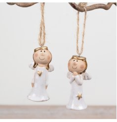 8cm ceramic angel hangers in soft neutrals, accented with fine gold details.
