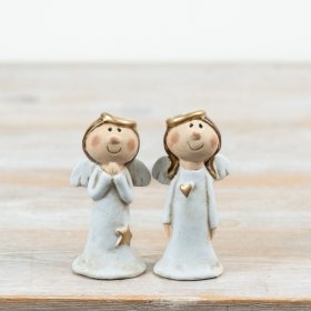 Set of two 10cm ceramic angels in gentle neutrals, accented with delicate gold touches.