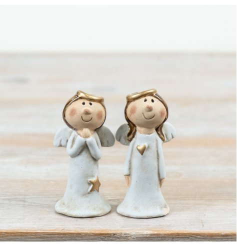 Set of two 10cm ceramic angels in gentle neutrals, accented with delicate gold highlights.