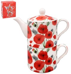 a charming poppy design tea for one teapot and mug