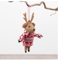 A characterful deer ornament designed for hanging on trees, garlands or decorative branches.