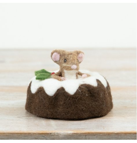 A charming felt Christmas decoration featuring a sweet mouse nestled inside a traditional iced Christmas pudding