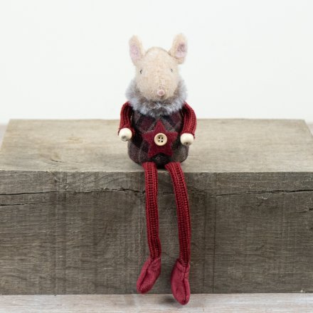 27cm sitting mouse with rich burgundy tartan body, matching knitted limbs, and a charming star accent.