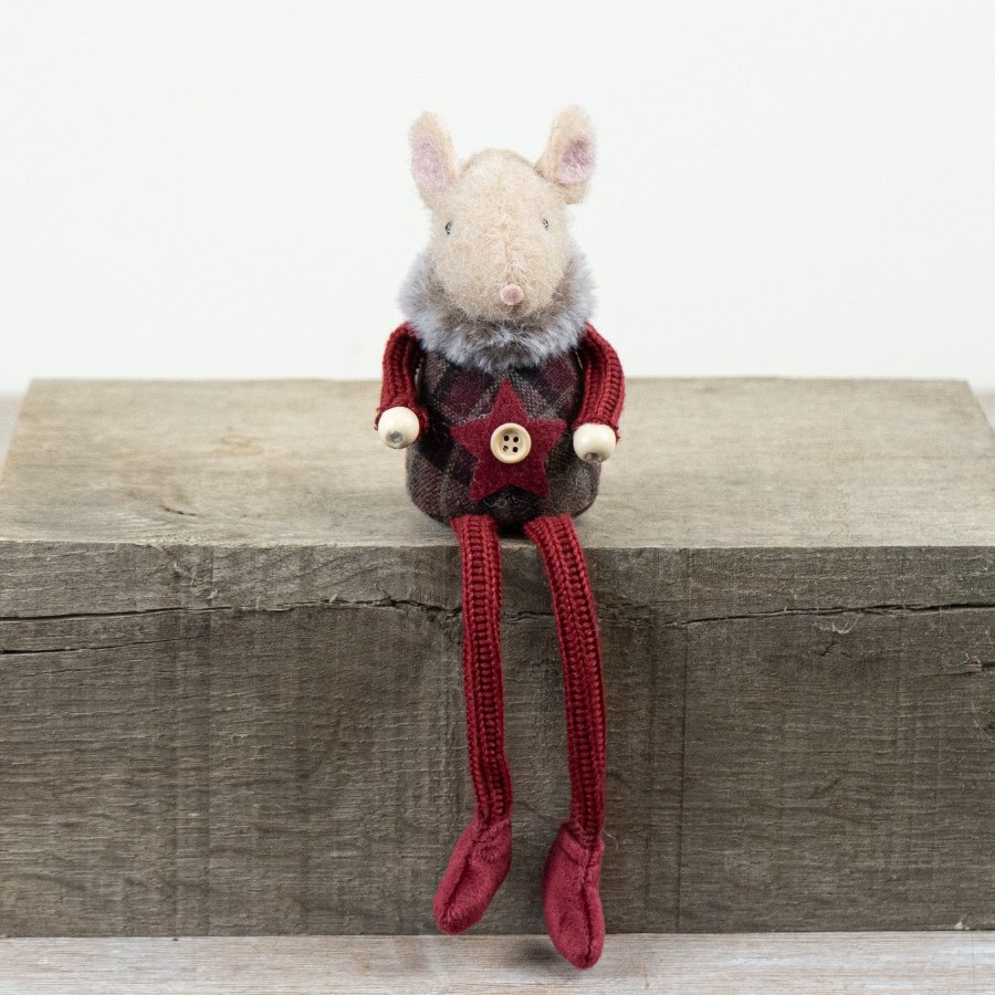27cm sitting mouse with deep burgundy tartan body, matching knitted limbs, and a decorative star detail.