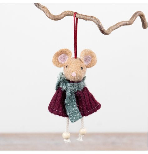 A delightful felt mouse ornament complete with burgundy coat, textured scarf and dangling legs. 