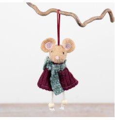 A characterful mouse ornament designed for hanging on trees, wreaths or decorative branches.