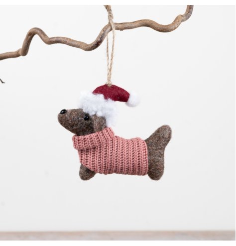 A charming felt dog ornament complete with knitted jumper and Santa hat detail